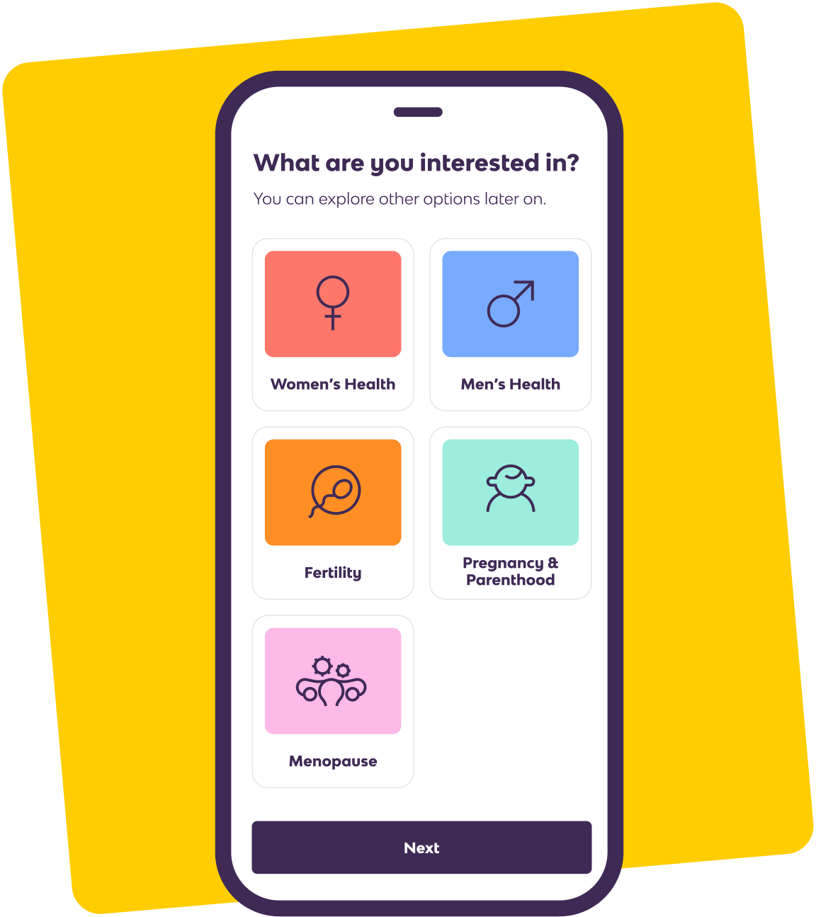 Peppy app sign up screen on a phone, showing the 5 verticals, Women's Health, Men's Health, Fertility, Pregnancy & Parenthood and Menopause under the header ' What are you interested in'.